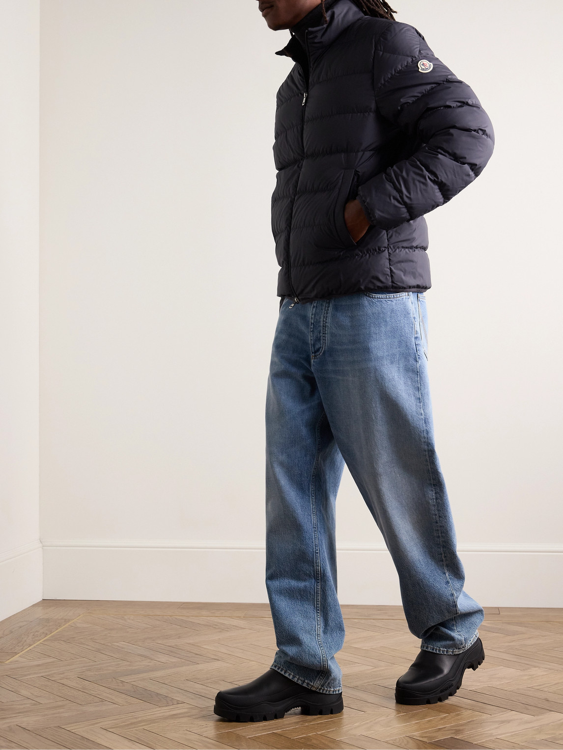 Moncler Quilted Down Jacket With High Collar And Logo Patch In Blue