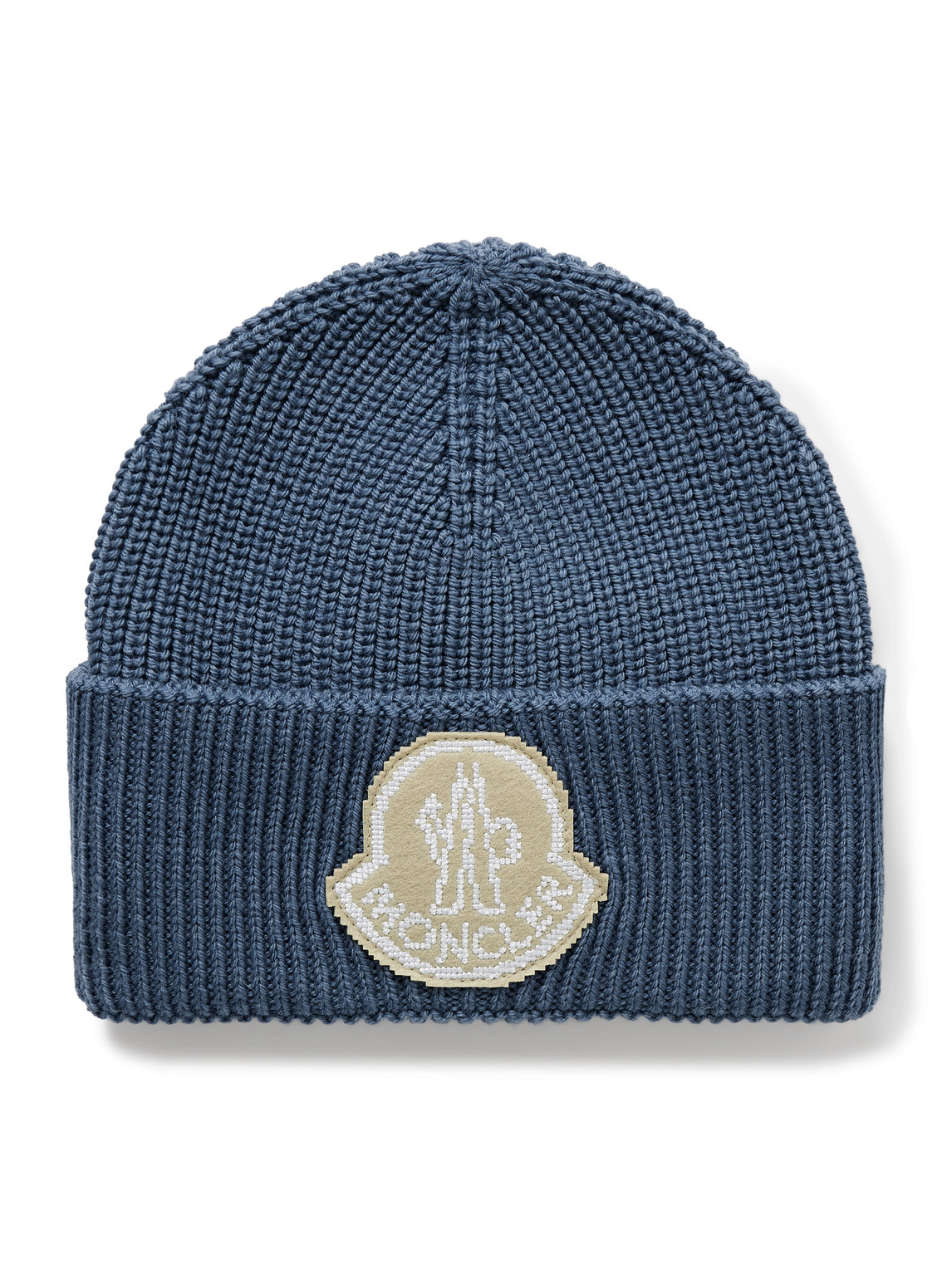 Moncler Logo-appliquéd Ribbed Virgin Wool Beanie In Blue