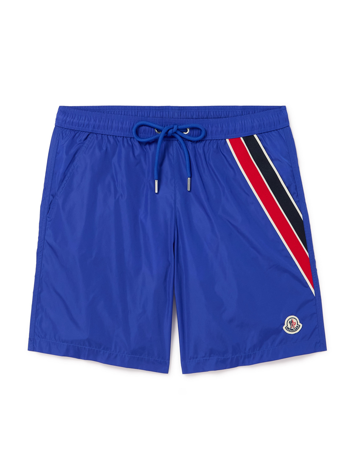Moncler Straight-leg Mid-length Logo-appliquéd Striped Recycled Swim Shorts In Blue