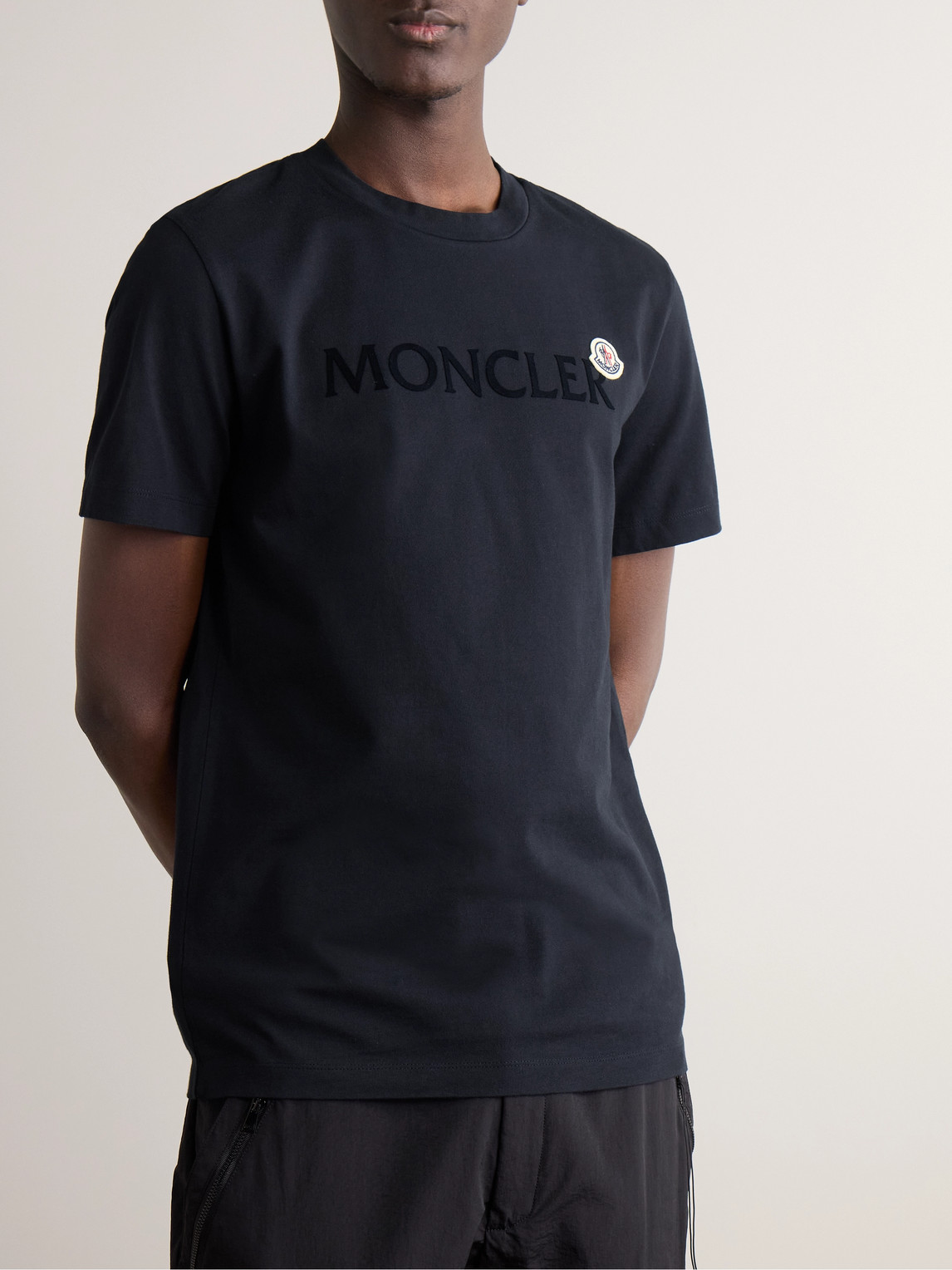 Moncler Men T-shirt With Flocked Cotton Logo In Blue