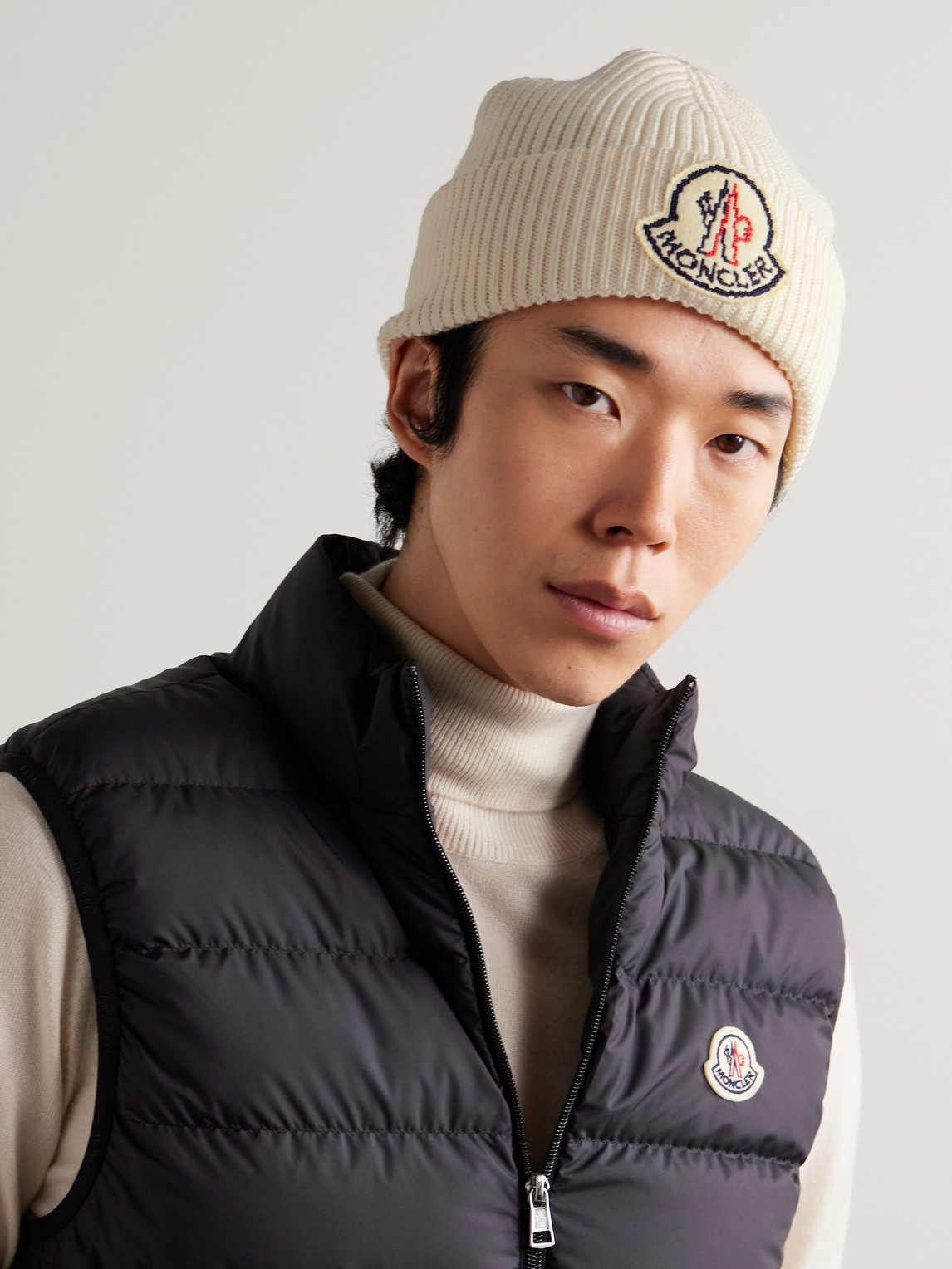 Moncler Logo-appliquéd Ribbed Virgin Wool Beanie In White