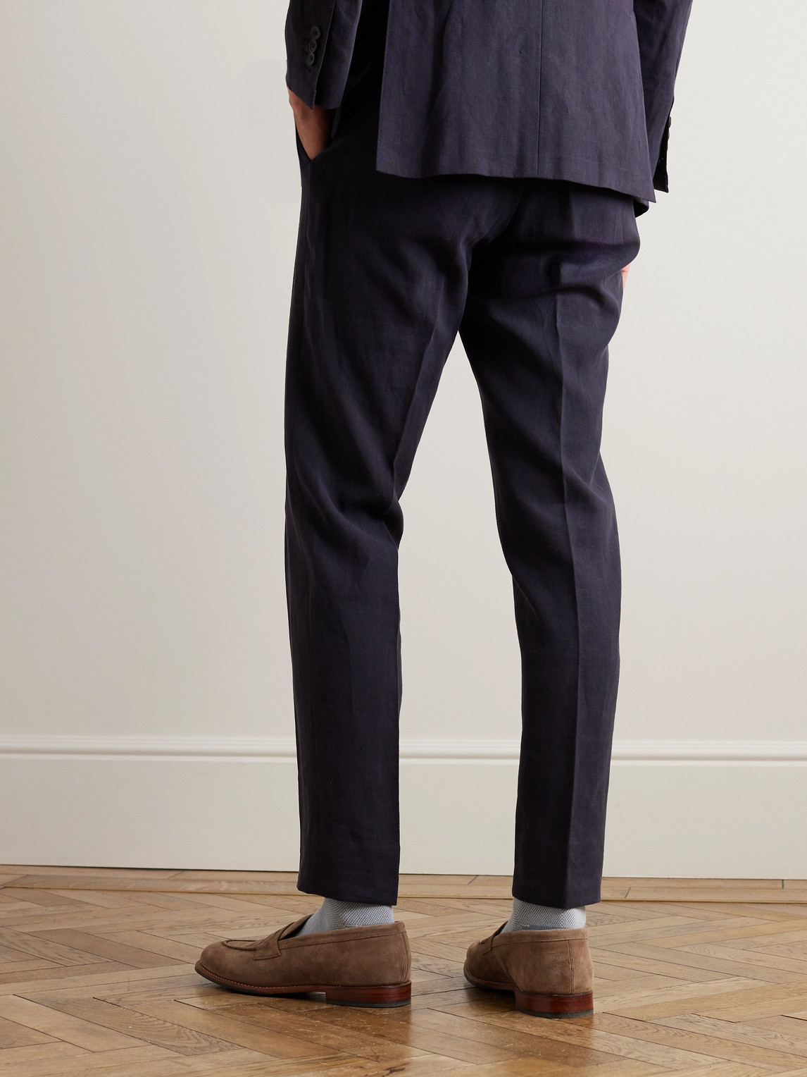 Shop Thom Sweeney Tapered Pleated Linen Suit Trousers In Blue