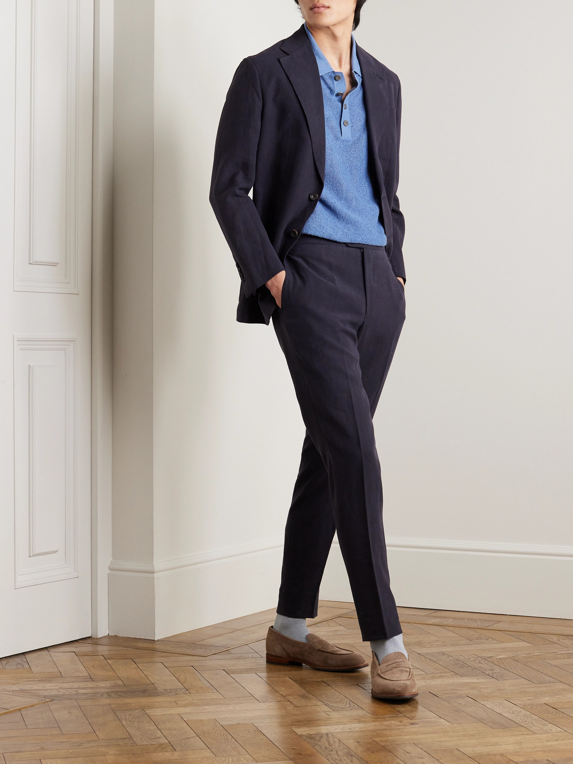 Shop Thom Sweeney Tapered Pleated Linen Suit Trousers In Blue