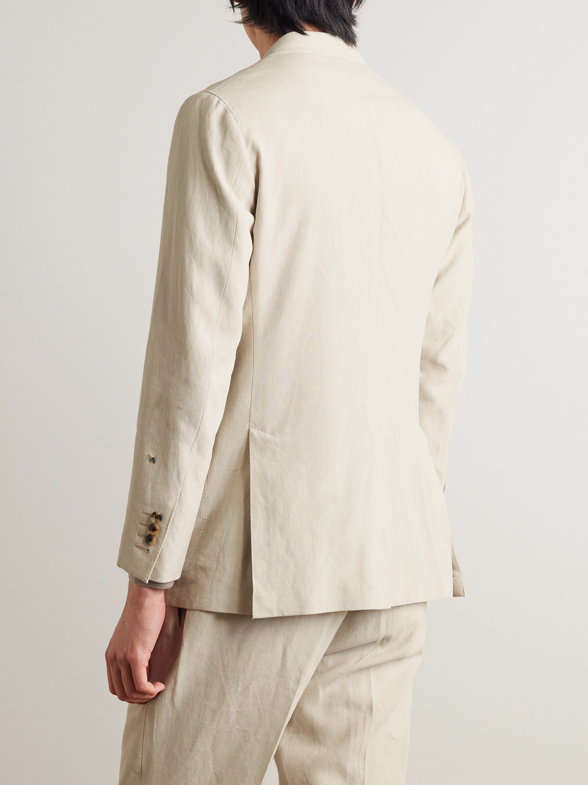 Shop Thom Sweeney Slim-fit Unstructured Double-breasted Linen Suit Jacket In Neutrals