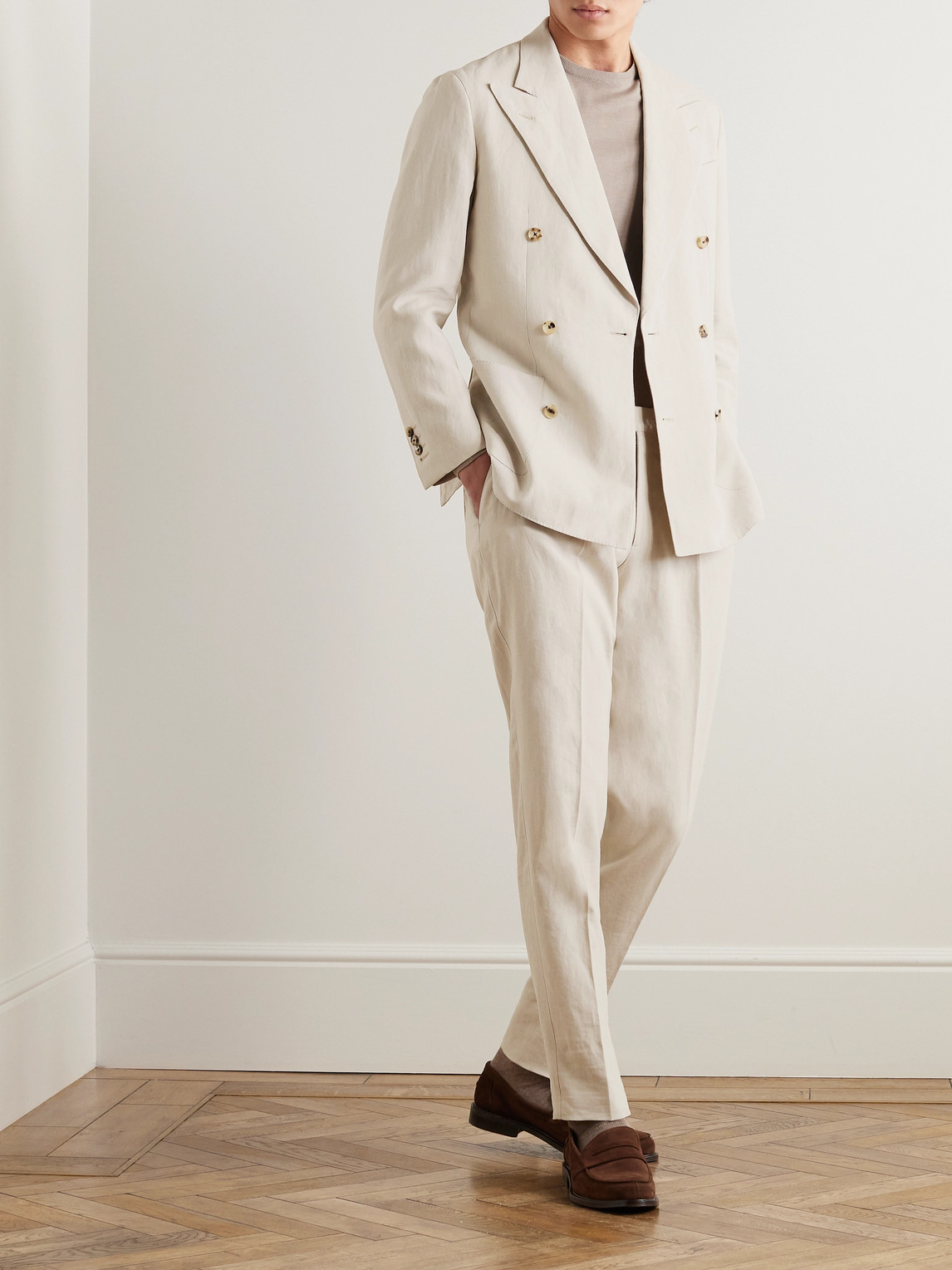 Shop Thom Sweeney Slim-fit Unstructured Double-breasted Linen Suit Jacket In Neutrals