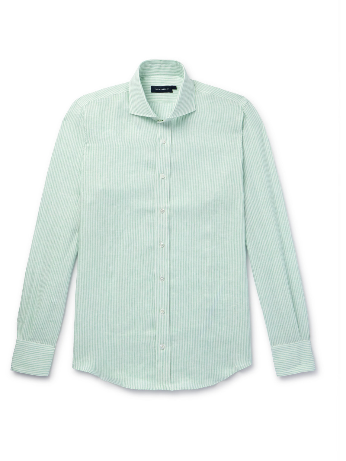 Thom Sweeney Cutaway-collar Striped Linen Shirt In Green