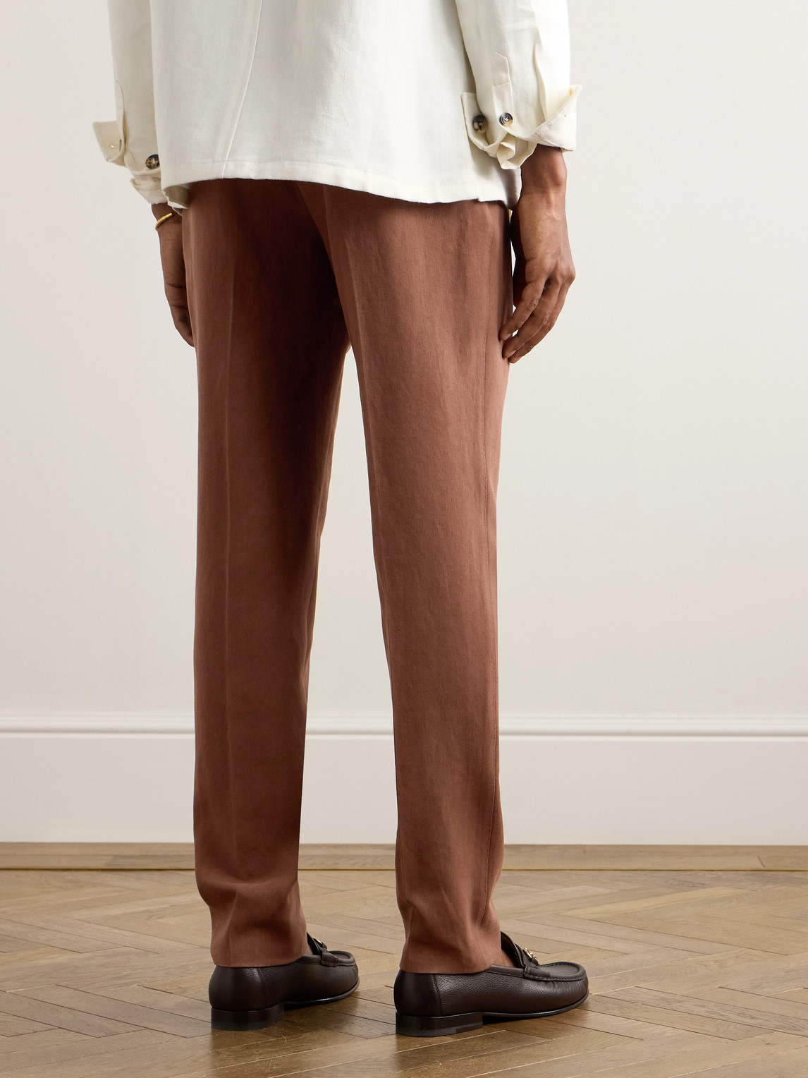 Shop Thom Sweeney Tapered Pleated Linen Suit Trousers In Brown