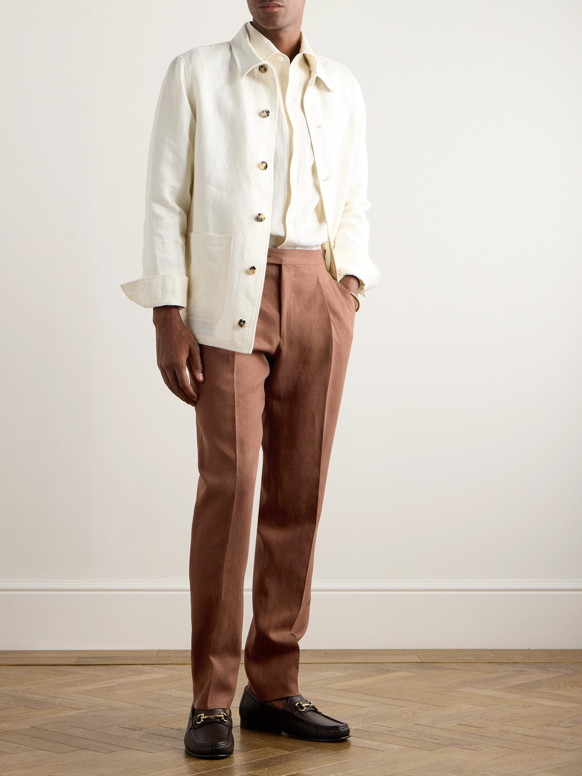 Shop Thom Sweeney Tapered Pleated Linen Suit Trousers In Brown