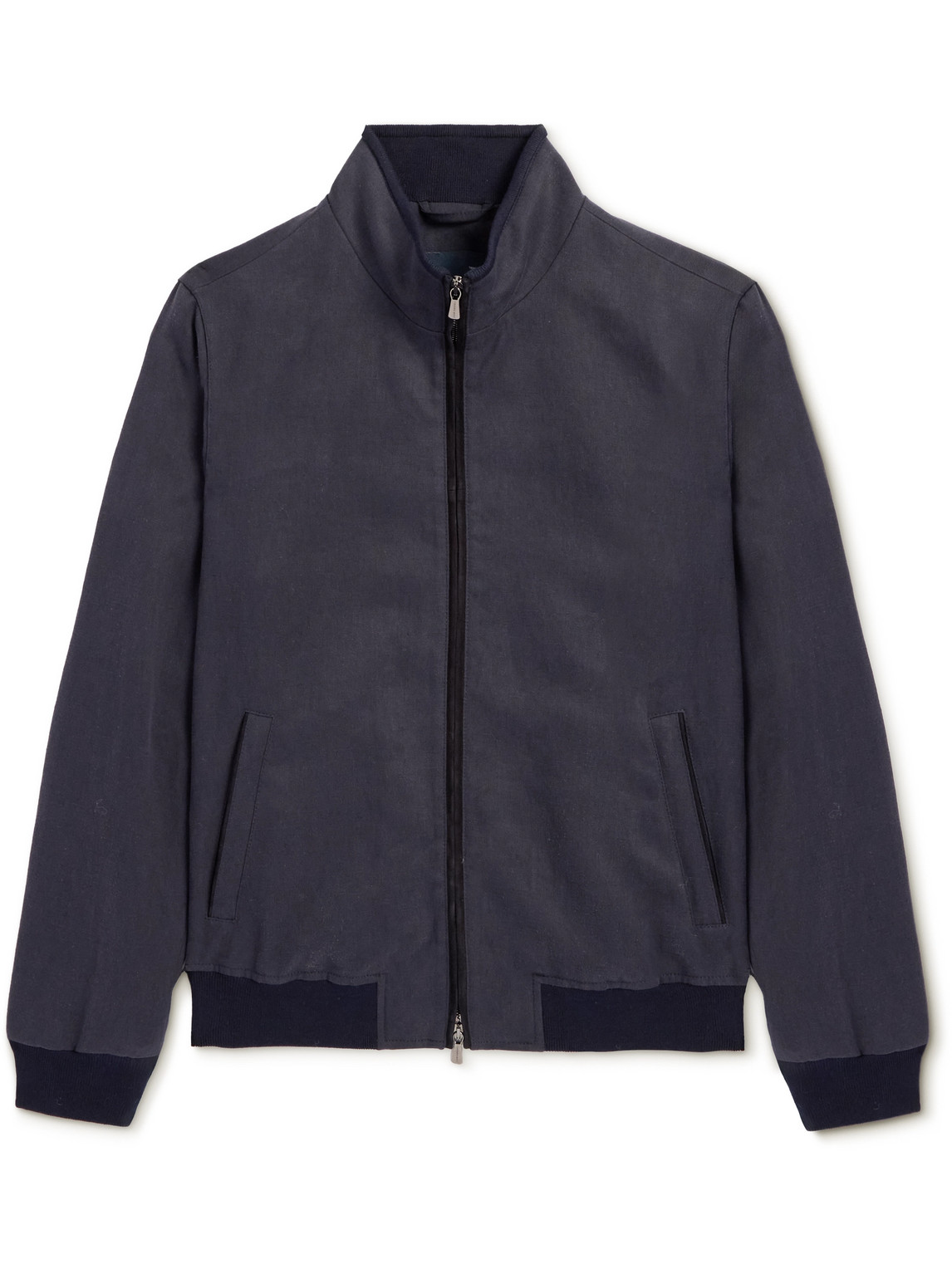 Thom Sweeney Suede-trimmed Linen-twill Bomber Jacket In Blue