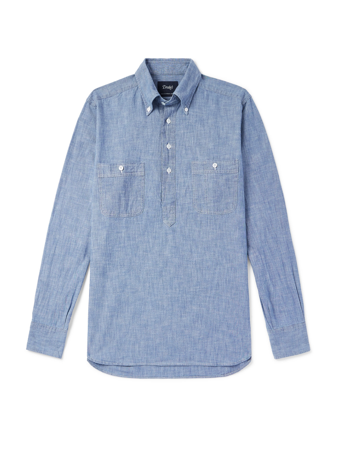 Drake's Cotton-chambray Half-placket Shirt In Blue