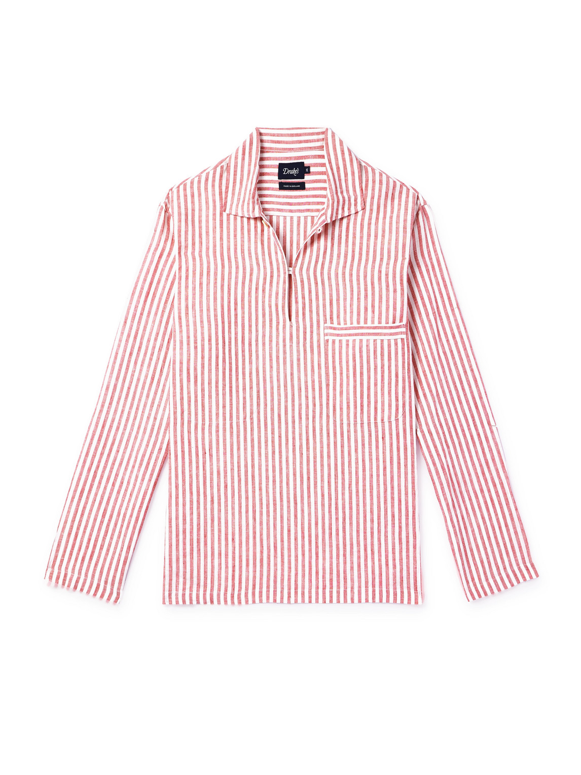 Drake's Striped Linen Half-placket Shirt In Red