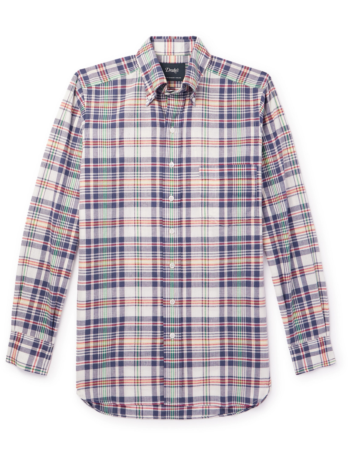 Shop Drake's Button-down Collar Checked Cotton-madras Shirt In Blue