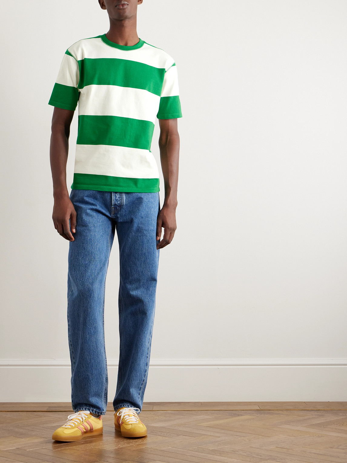 Shop Drake's Striped Cotton-jersey T-shirt In Green