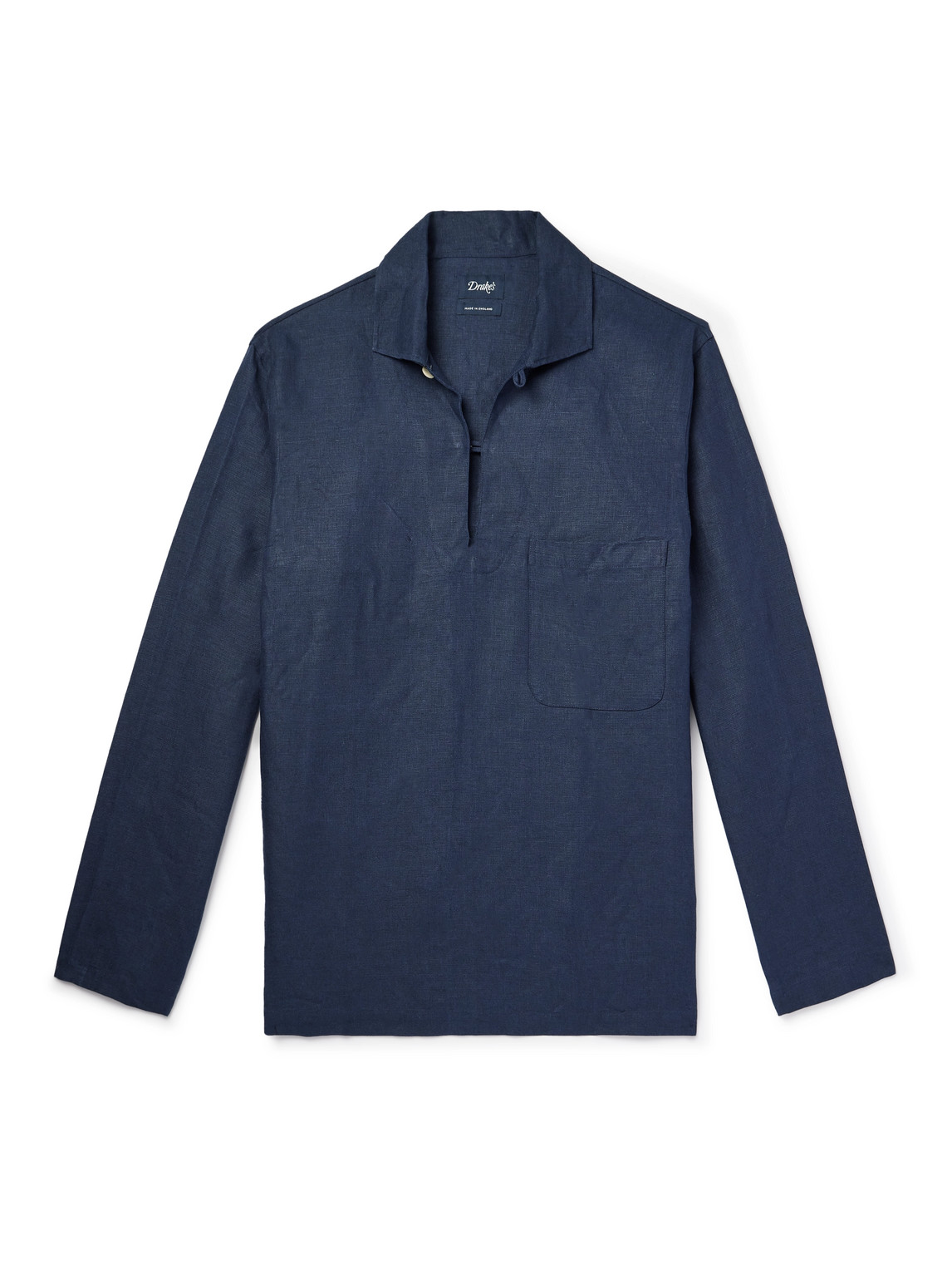 Drake's Linen Half-placket Shirt In Blue