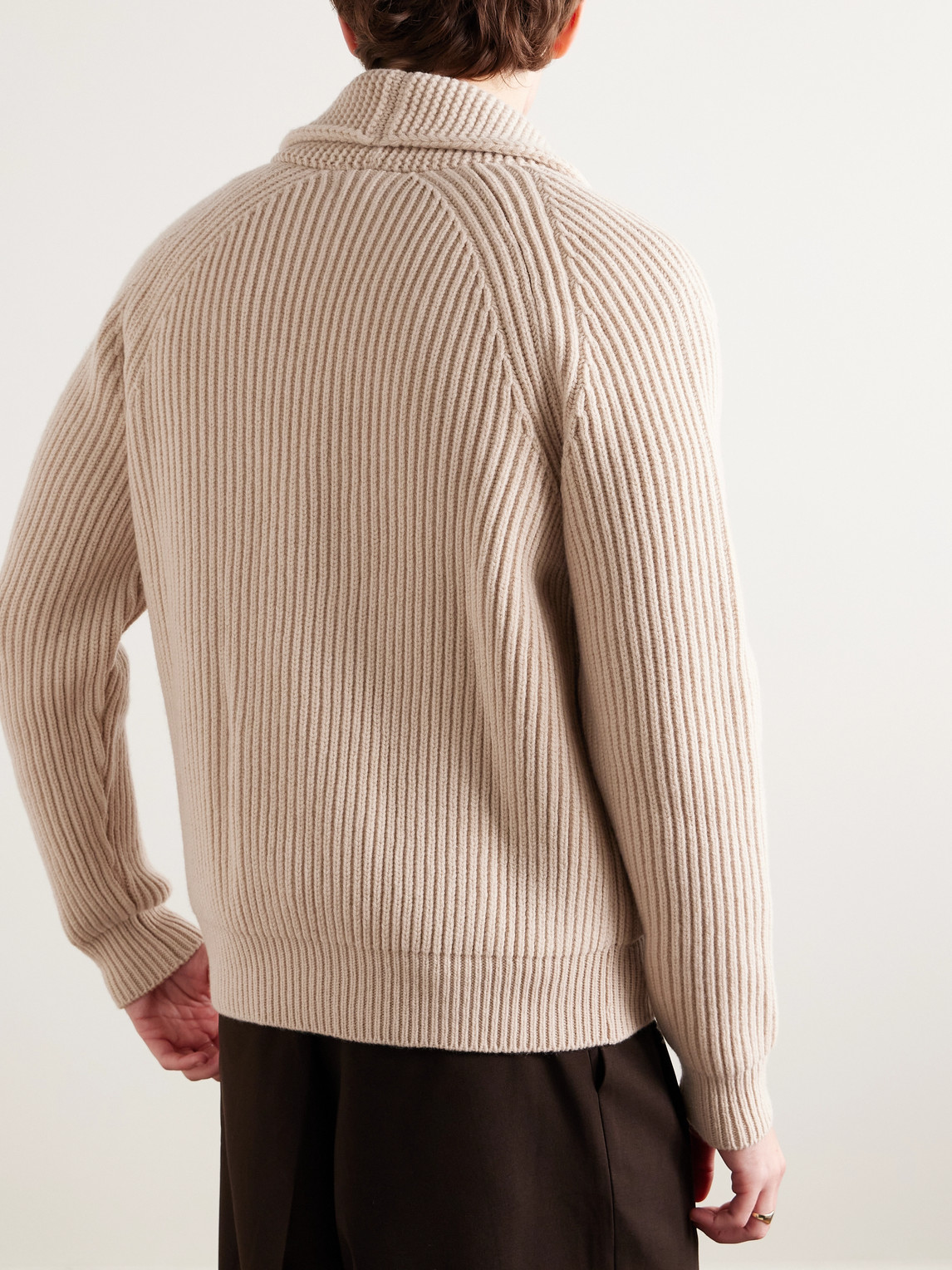 DRAKE'S SHAWL-COLLAR RIBBED WOOL CARDIGAN