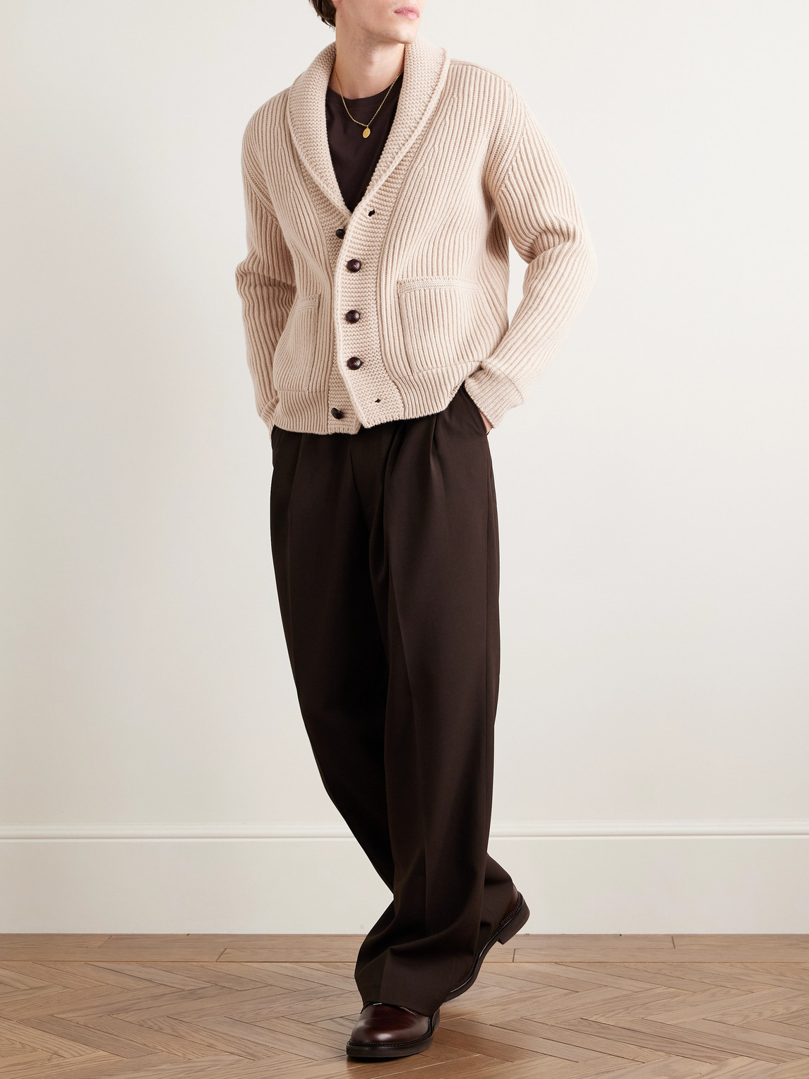 DRAKE'S SHAWL-COLLAR RIBBED WOOL CARDIGAN