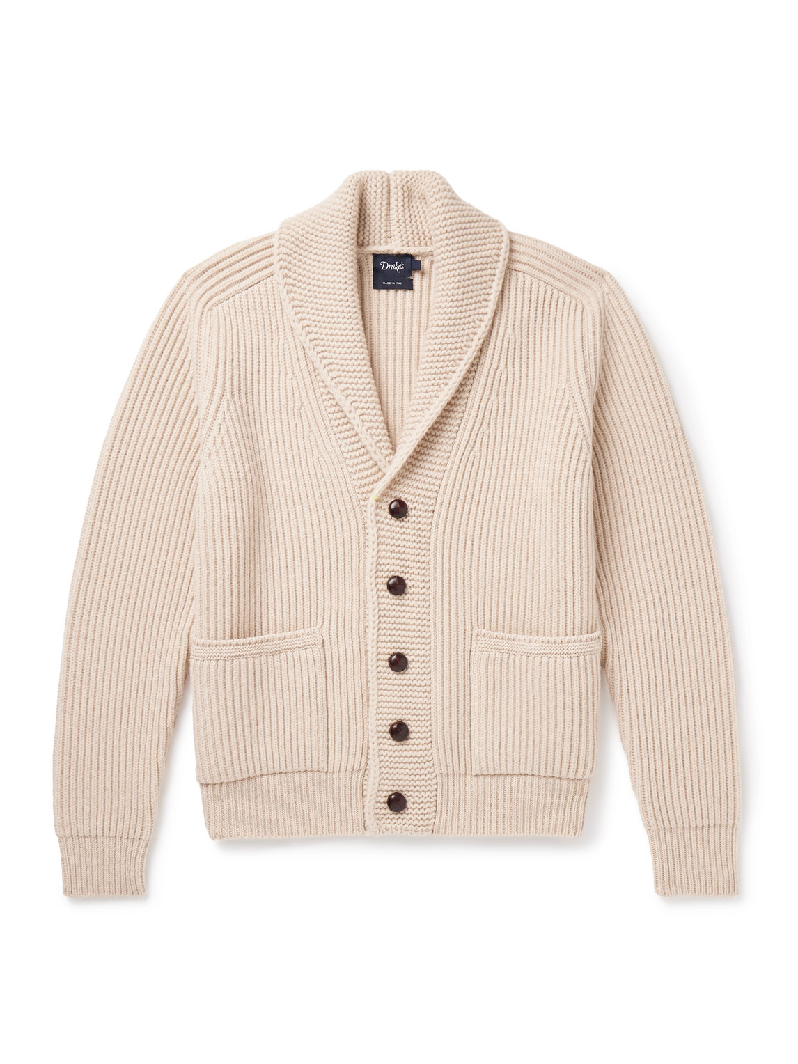 Drake's Shawl-collar Ribbed Wool Cardigan In Neutrals