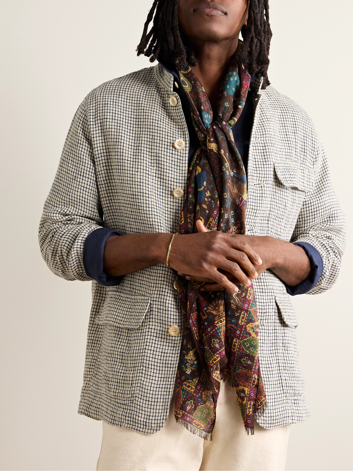 Shop Drake's Mughal Hunter Frayed Printed Wool And Silk-blend Scarf In Brown