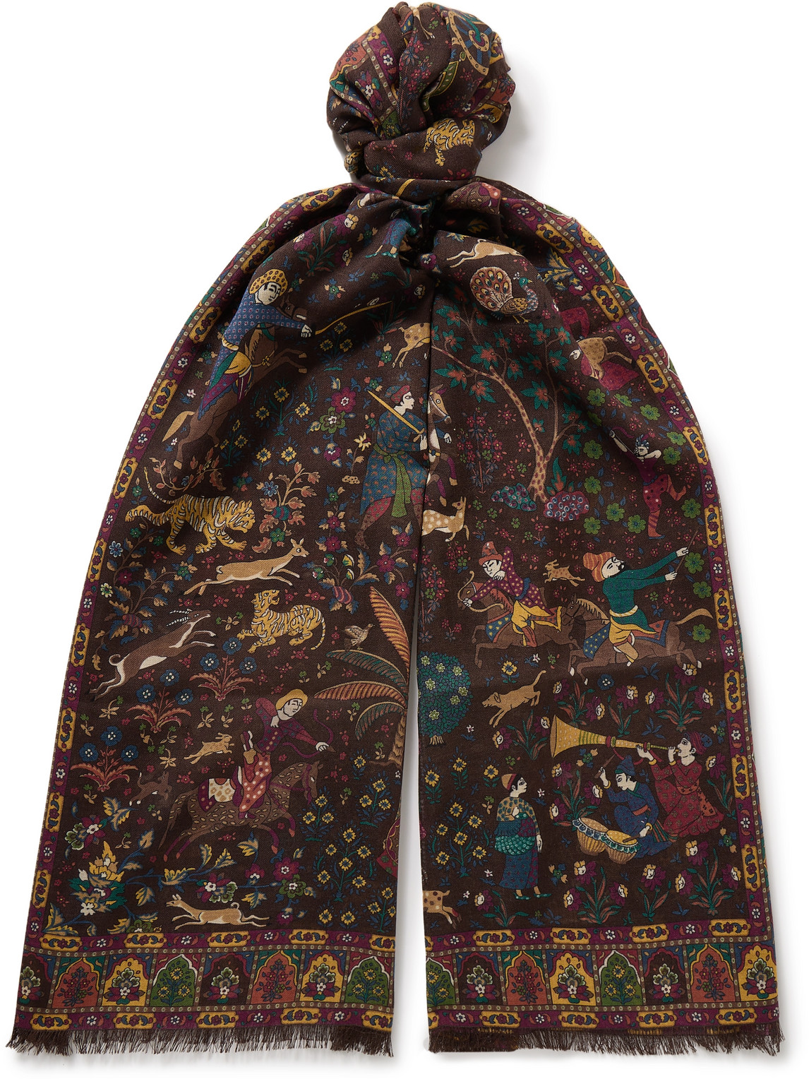Mughal Hunter Frayed Printed Wool and Silk-Blend Scarf