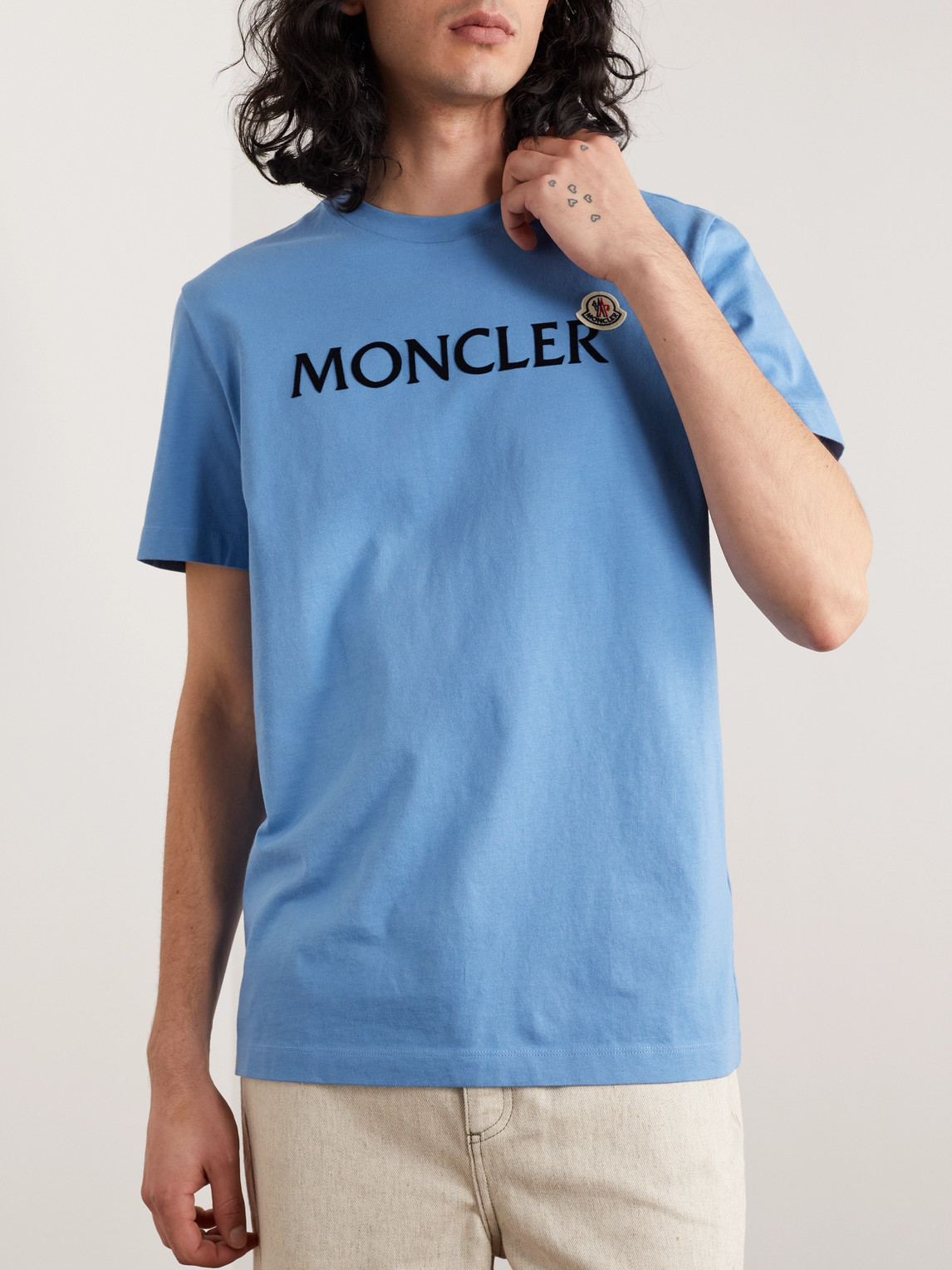 Shop Moncler Logo-flocked Cotton-jersey T-shirt In Blue