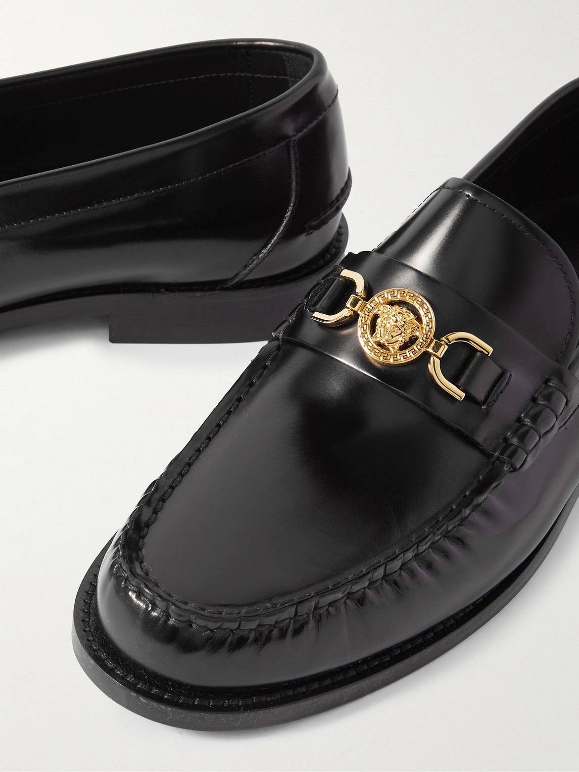 Shop Versace Horsebit-embellished Patent-leather Loafers In Black