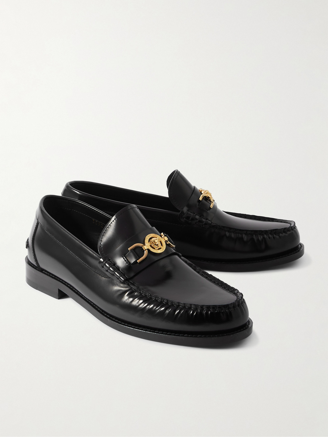 Shop Versace Horsebit-embellished Patent-leather Loafers In Black