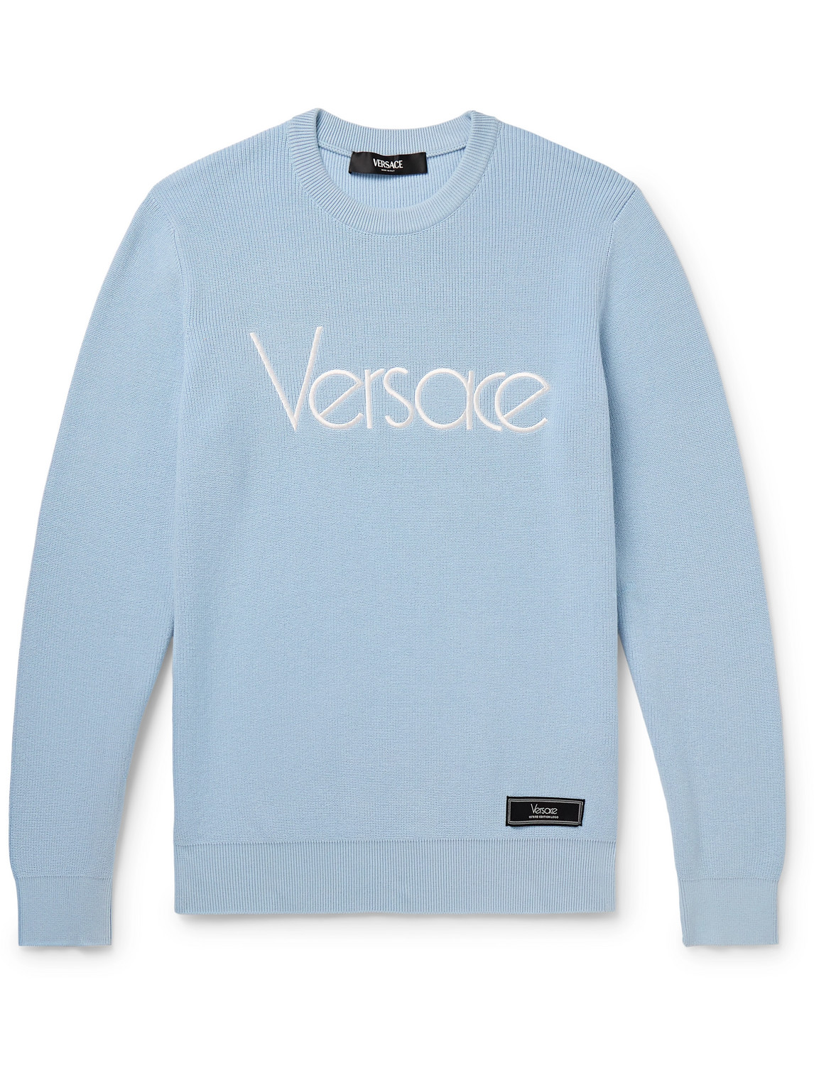 Versace Logo-embroidered Cotton-blend Sweater In Blue