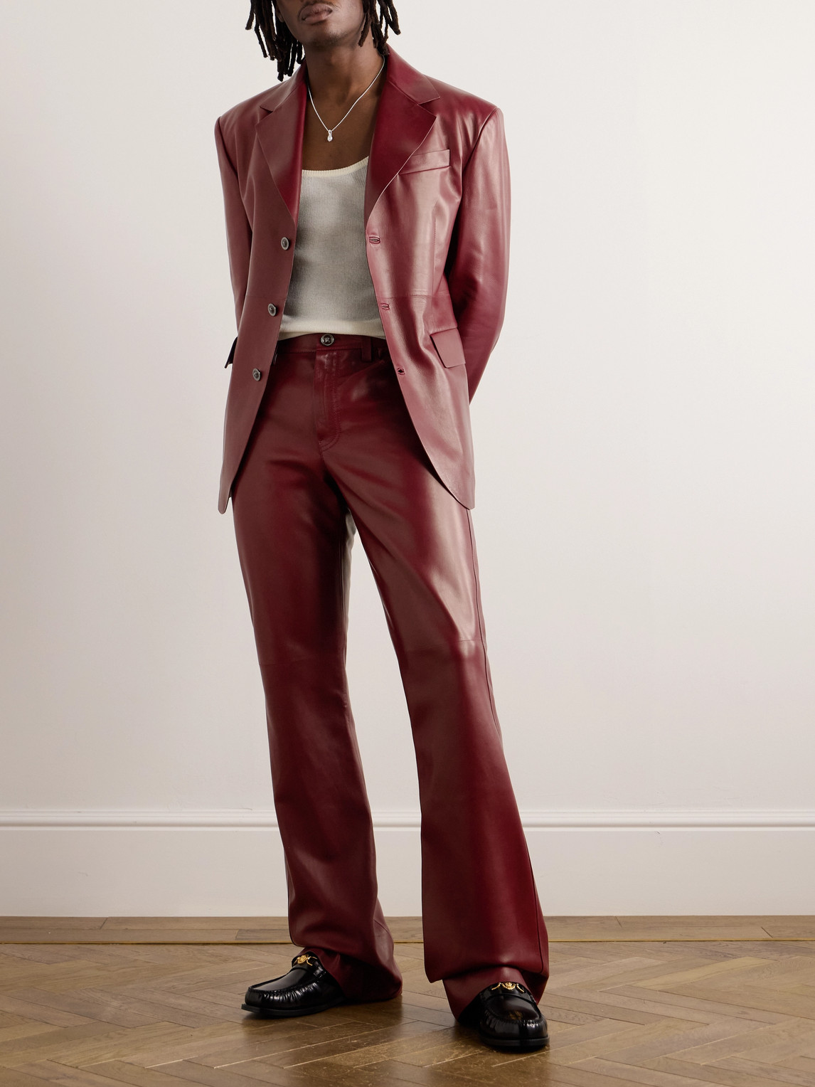 Shop Versace Slim-fit Flared Leather Trousers In Red