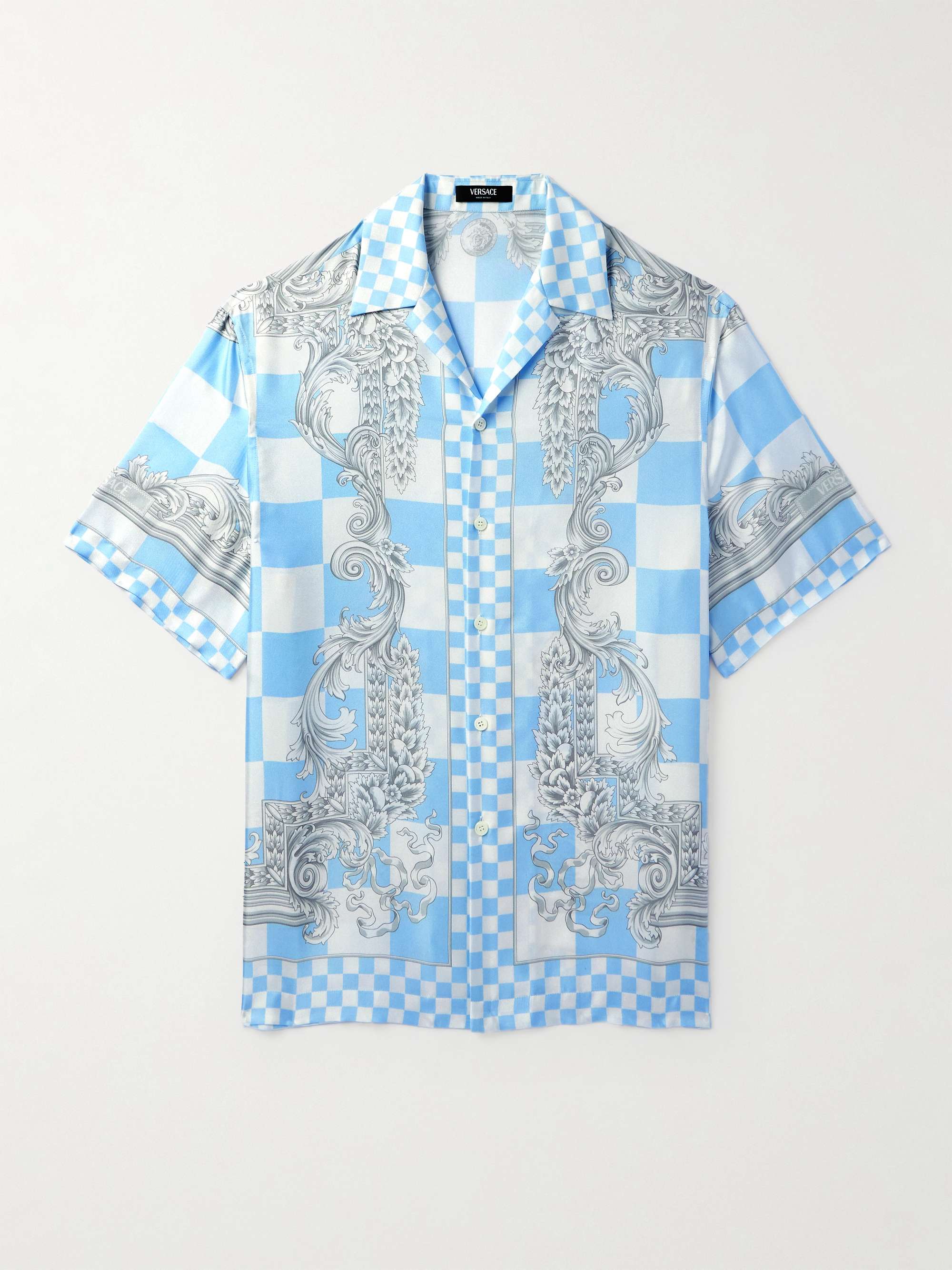 VERSACE Camp-Collar Printed Checked Silk-Twill Shirt for Men