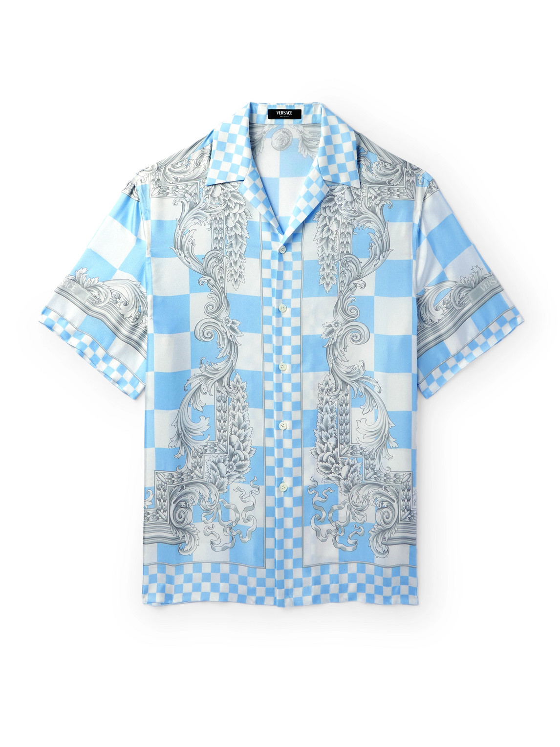 Versace Camp-collar Printed Checked Silk-twill Shirt In Blue