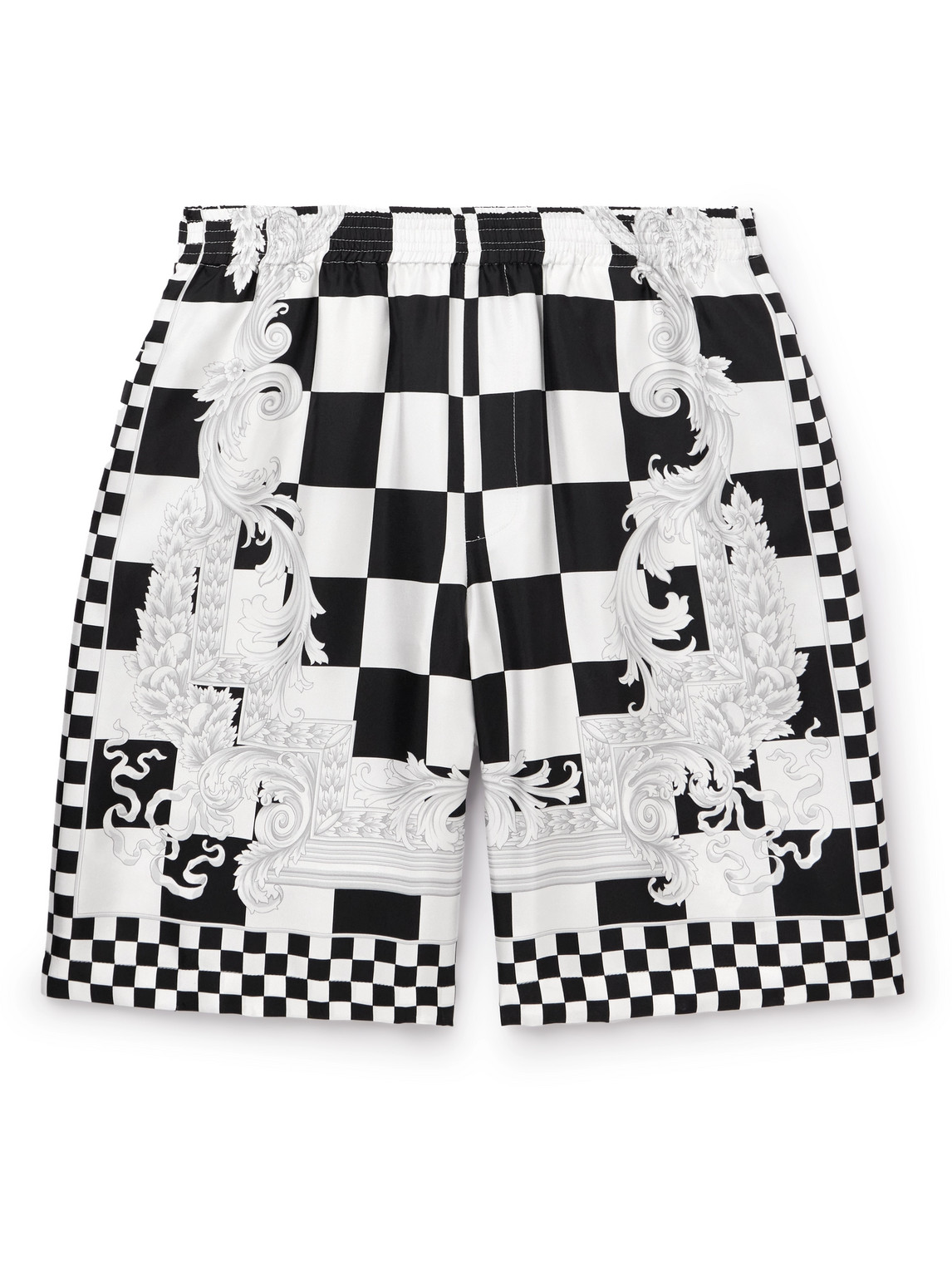 Versace Black And White Shorts With Baroque Print In Techno Fabric Man In Black