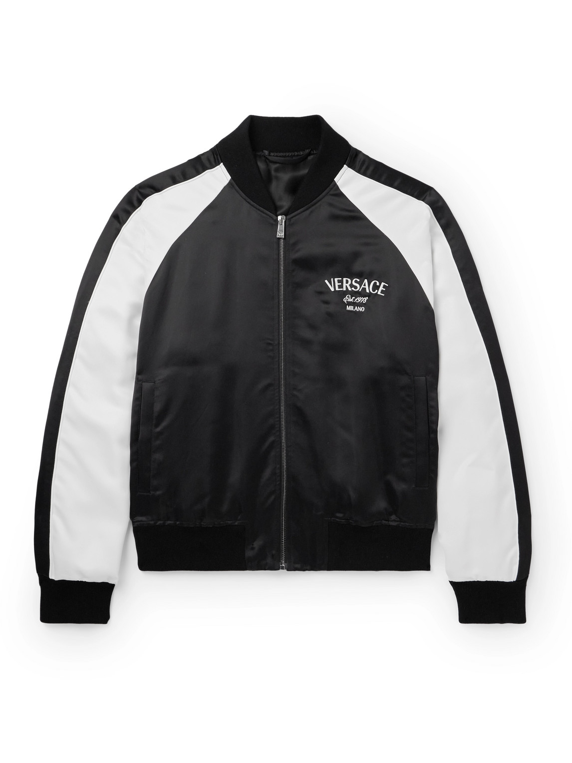 Versace Logo-embroidered Striped Satin-twill Bomber Jacket In Black