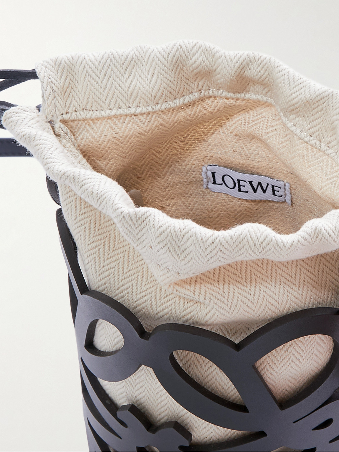 Shop Loewe Anagram Cutout Leather And Herringbone Cotton-canvas Pouch In Black