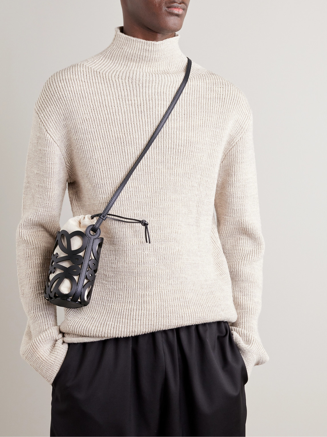 Loewe Anagram Cutout Leather And Herringbone Cotton-canvas Pouch In Black