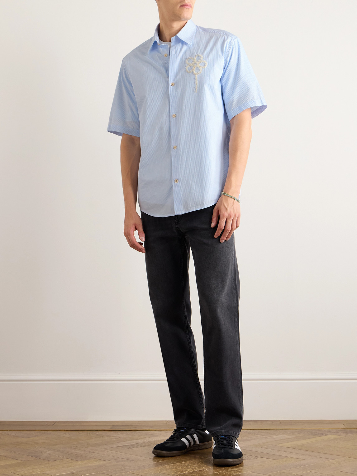 Nn07 Freddy 5973 Embroidered Striped Cotton-poplin Shirt In Blue