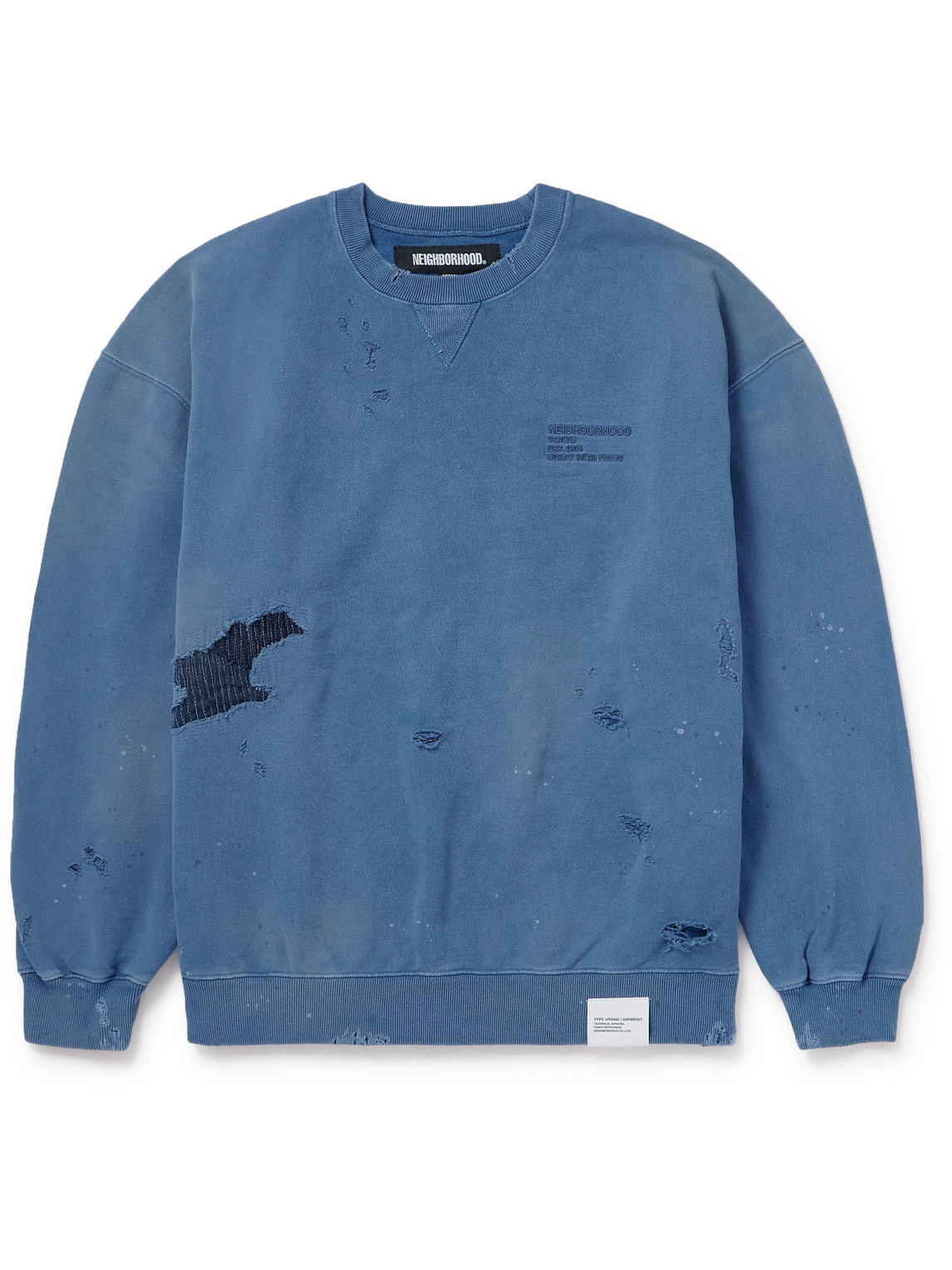 Neighborhood Savage Logo-embroidered Appliquéd Distressed Cotton-jersey Sweatshirt In Blue