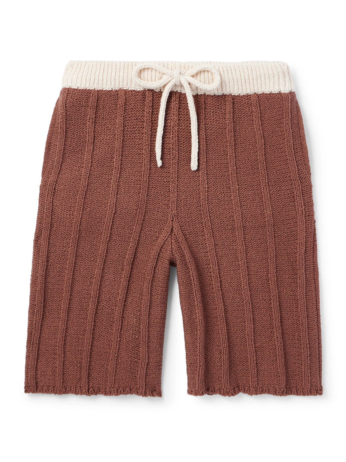 Shop The Elder Statesman Beach Guy Straight-leg Ribbed Cotton Drawstring Shorts In Brown