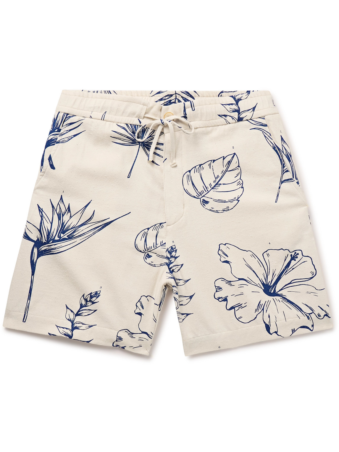The Elder Statesman Botanic Straight-leg Printed Slub Cotton And Silk-blend Drawstring Shorts In Neutrals