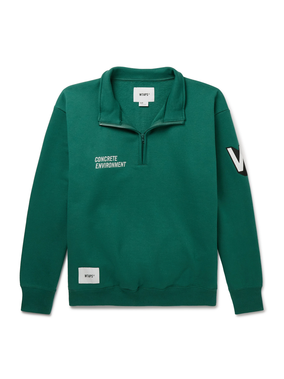 Wtaps Logo-embroidered Appliquéd Cotton-jersey Half-zip Sweatshirt In Green