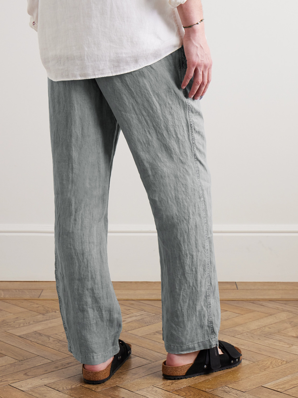 Shop James Perse Straight-leg Garment-dyed Linen Drawstring Trousers In Gray
