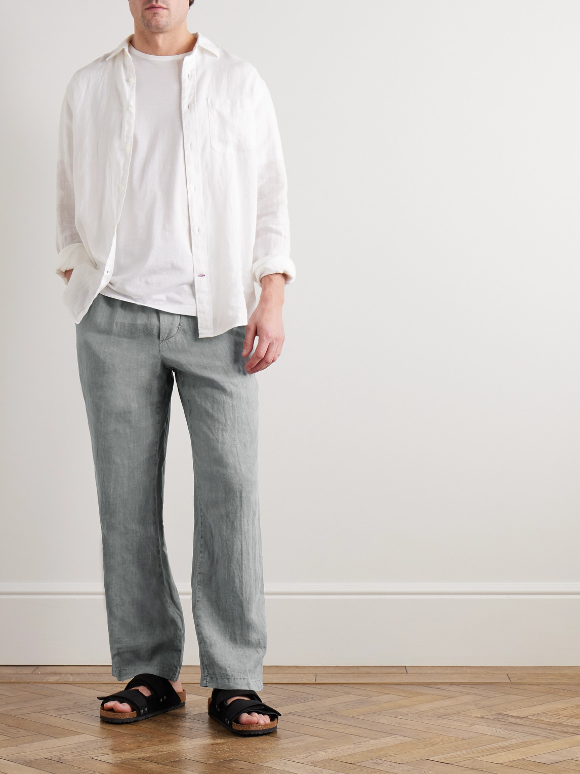 JAMES PERSE STRAIGHT-LEG GARMENT-DYED LINEN DRAWSTRING TROUSERS