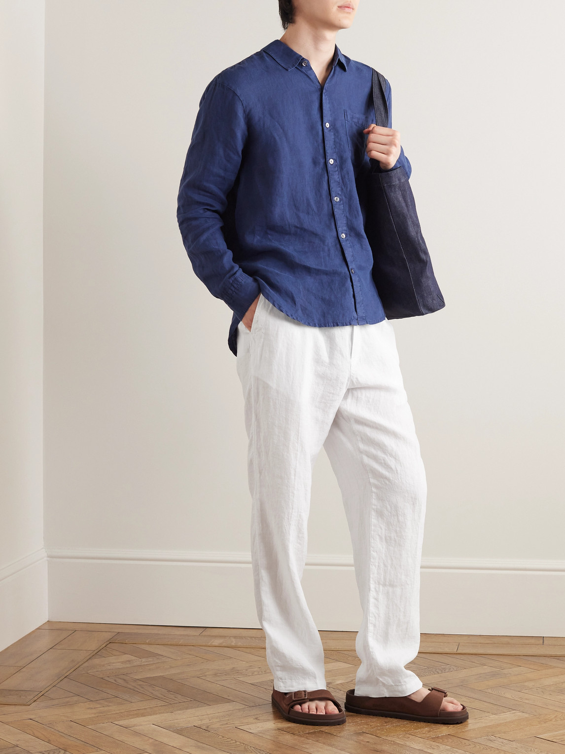JAMES PERSE STRAIGHT-LEG GARMENT-DYED LINEN DRAWSTRING TROUSERS 