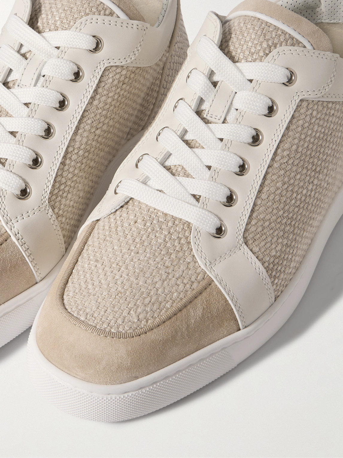 Christian Louboutin Rantulow Canvas, Snake-effect Leather And Suede Sneakers In Neutrals
