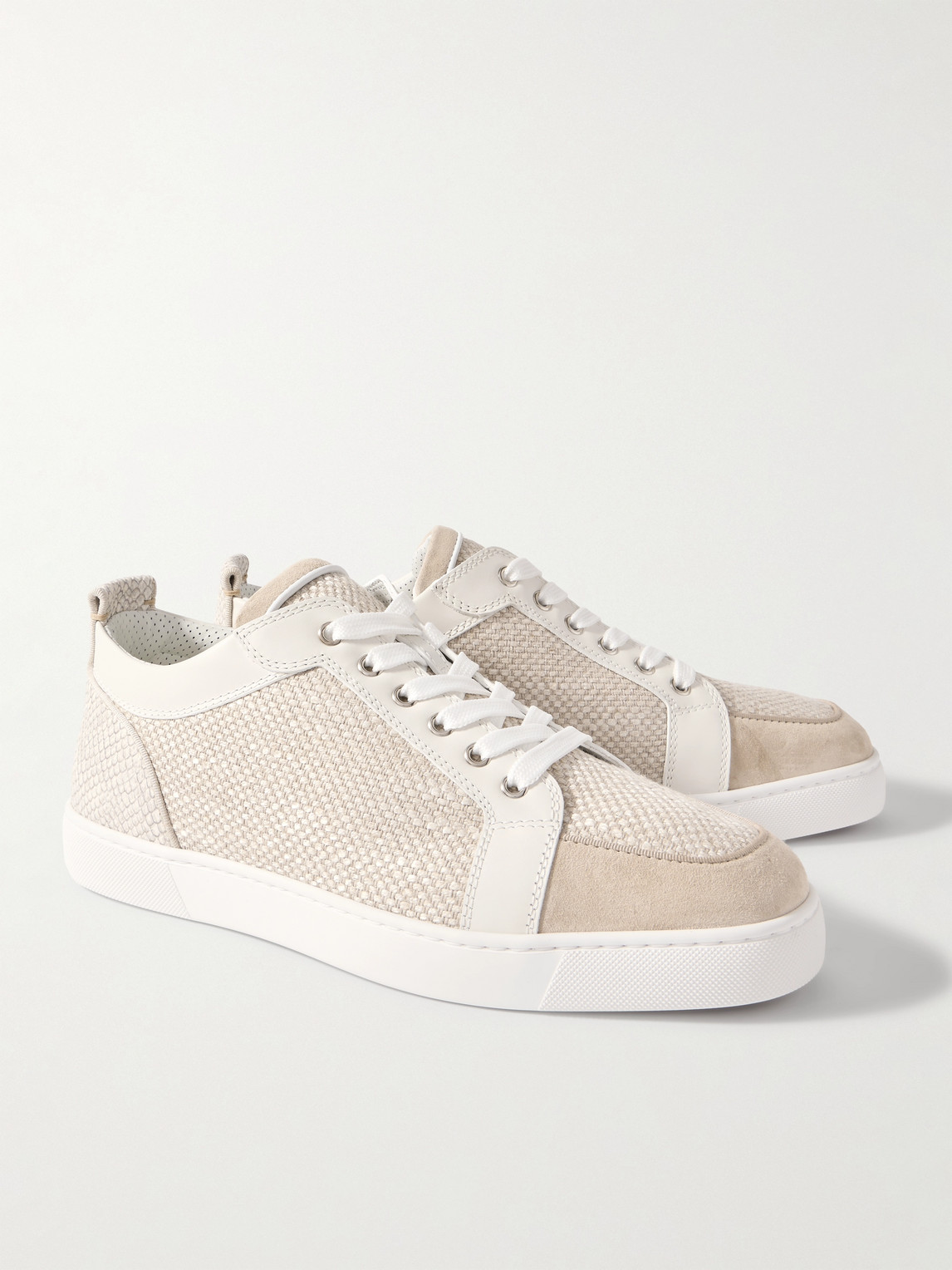 Christian Louboutin Rantulow Canvas, Snake-effect Leather And Suede Sneakers In Neutrals