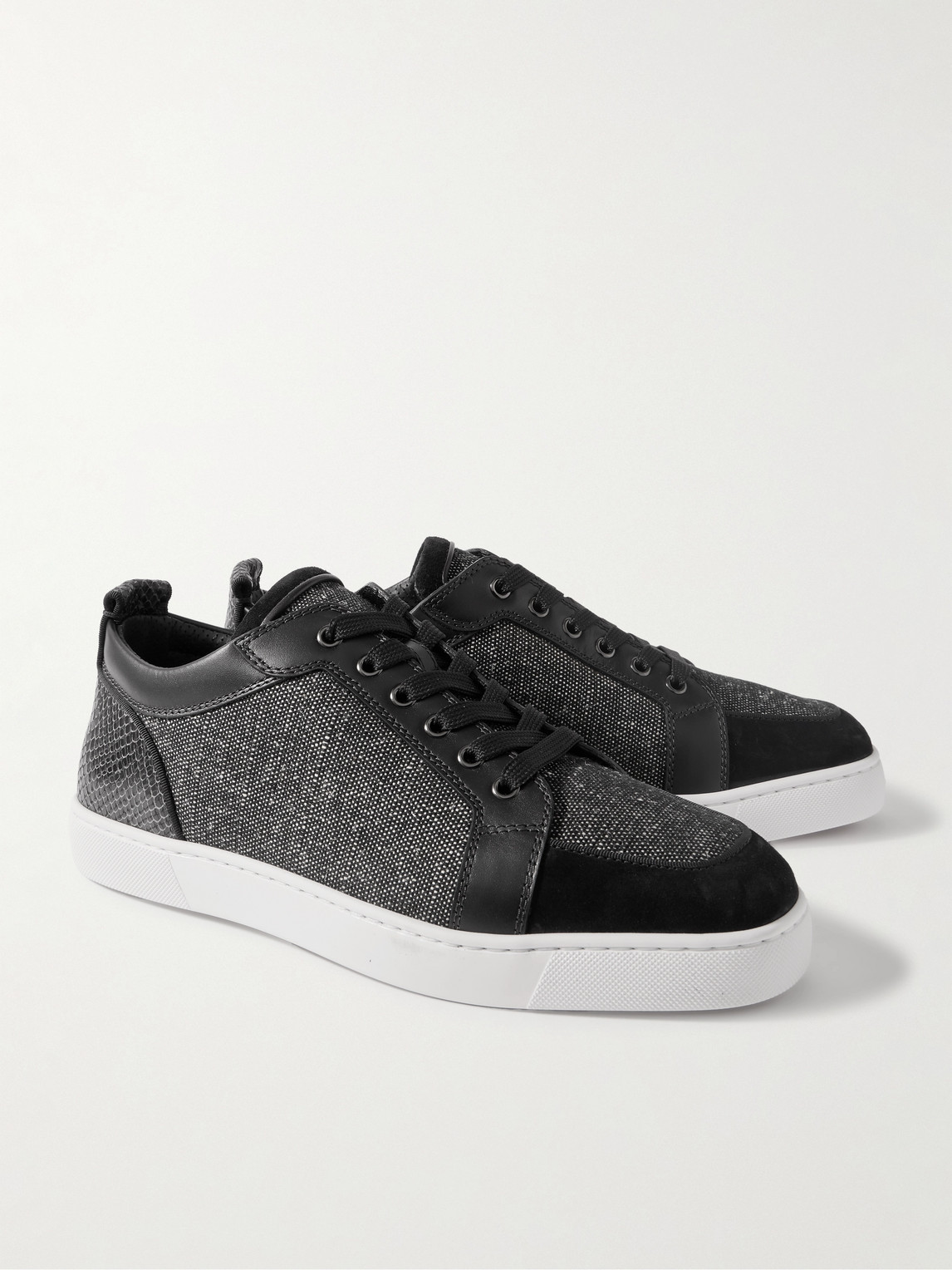 Christian Louboutin Rantulow Canvas, Snake-effect Leather And Suede Sneakers In Black