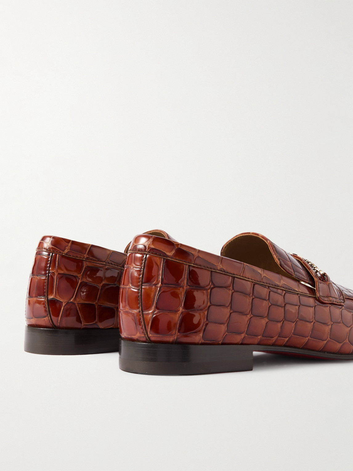 Christian Louboutin Embellished Croc-effect Patent-leather Loafers In Brown