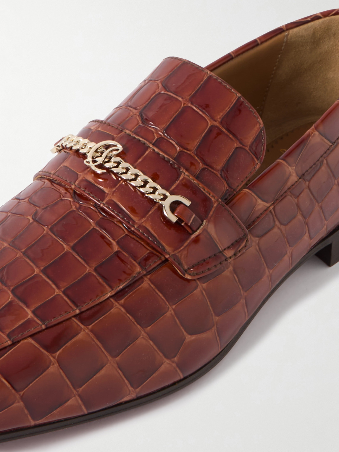 Christian Louboutin Embellished Croc-effect Patent-leather Loafers In Brown