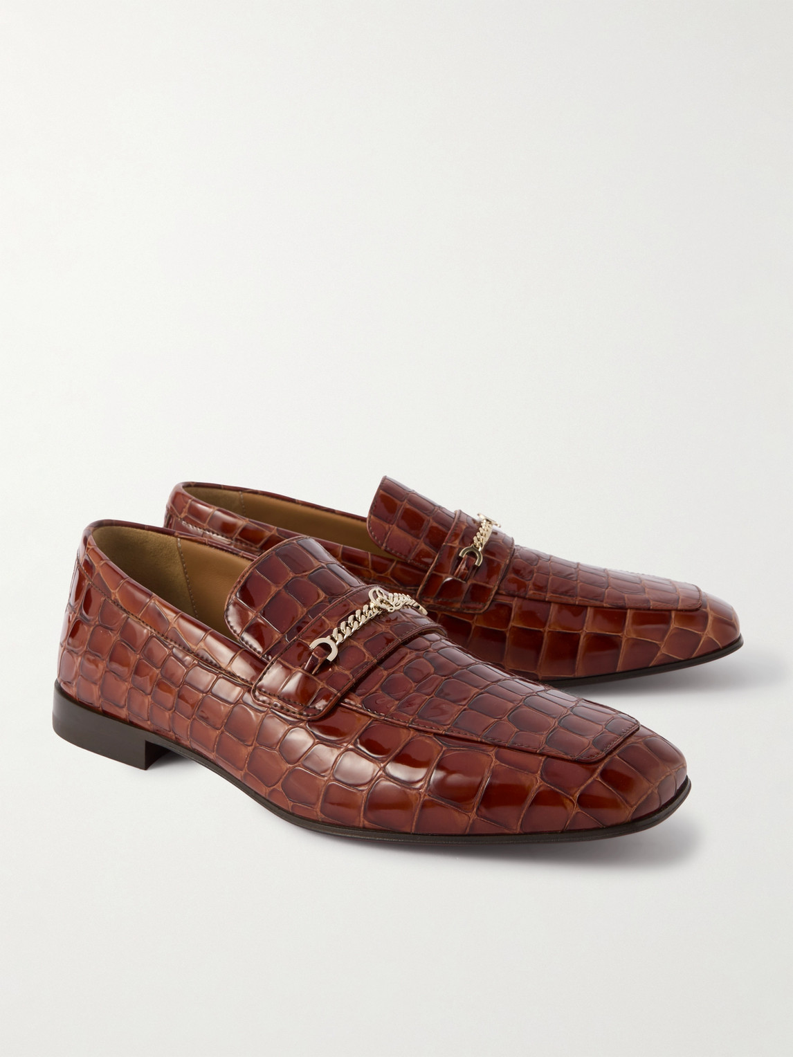 Christian Louboutin Embellished Croc-effect Patent-leather Loafers In Brown