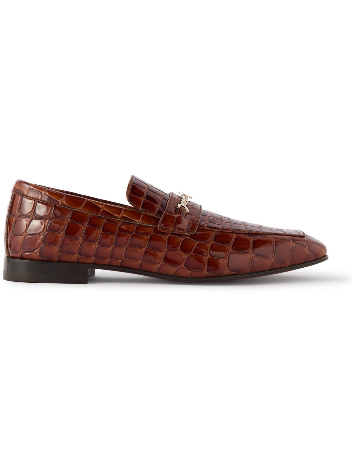 Christian Louboutin Embellished Croc-effect Patent-leather Loafers In Brown
