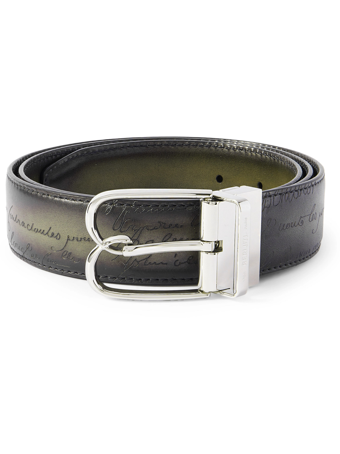 Berluti Reversible Burnished-leather Belt In Green